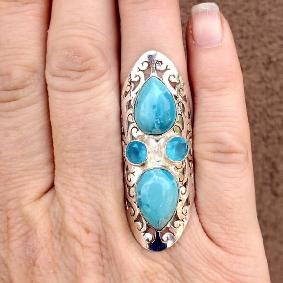 New Mosaic Jasper and Chalcedony 925 Silver Statement Ring. - Picture 10 of 13